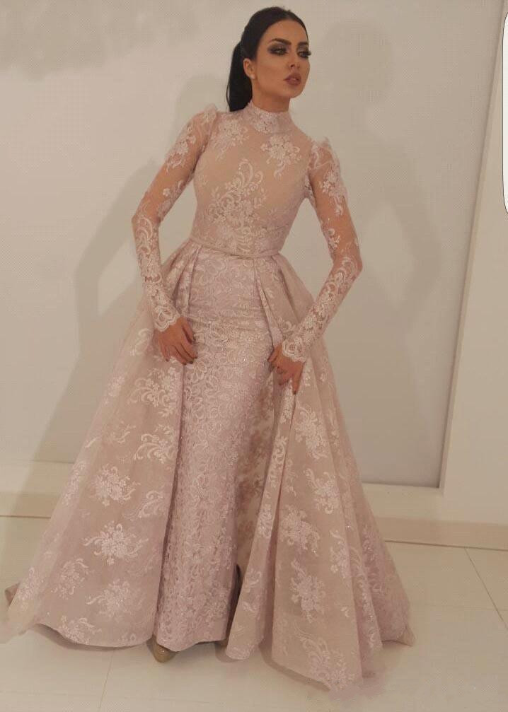 high neck mermaid prom dresses detachable train blush pink full lace appliqued illusion bodice long sleeves formal evening gowns