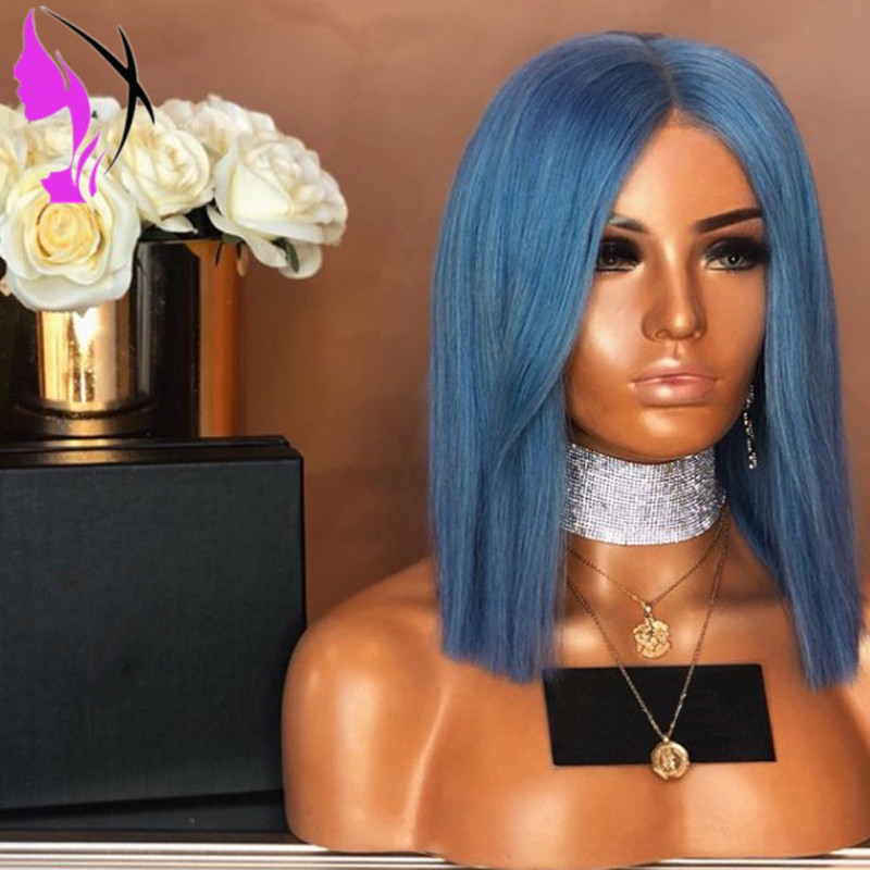 New African American Short blue Wig 180 Full Density brazilian hair Bob Wigs Heat Resistant Glueless Synthetic Lace Front Wig For Women