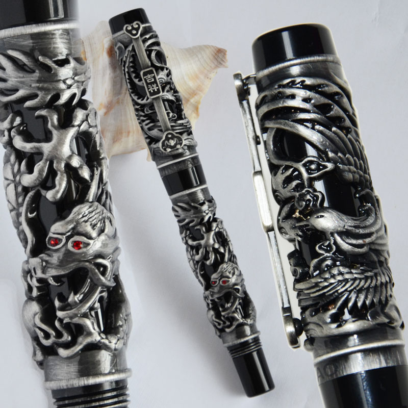 

NOBLE JINHAO ANTIQUE SILVER AND BLACK DRAGON AND PHOENIX 18KGP FINE NIB FOUNTAIN PEN BUSINESS OFFICE BEST GIFT, Red