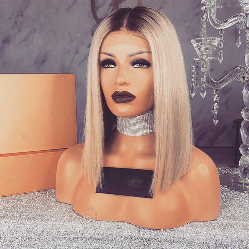 African American Wigs Ombre Blonde Bob Wig Heat Resistant 14Inch Glueless Synthetic Lace Front Wig Short Wigs For Women