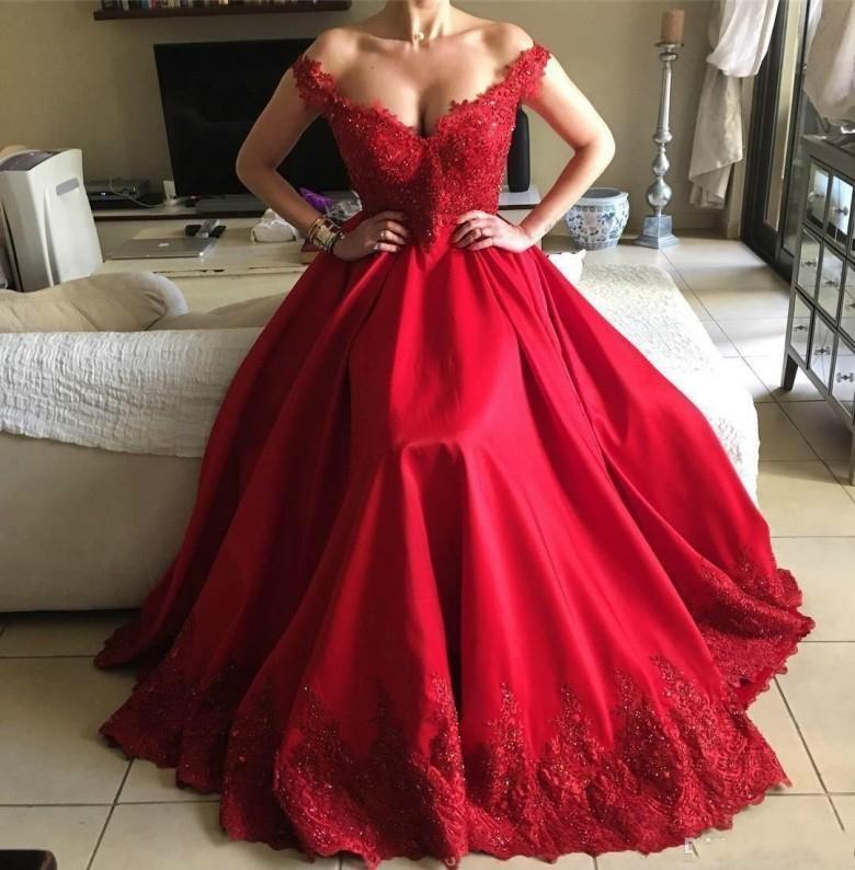 Dark Red Prom Dresses Evening Wear Arabic Off Shoulder Lace Appliques Beads Crystal Satin V Back Formal Prom Party Dress Vestidos