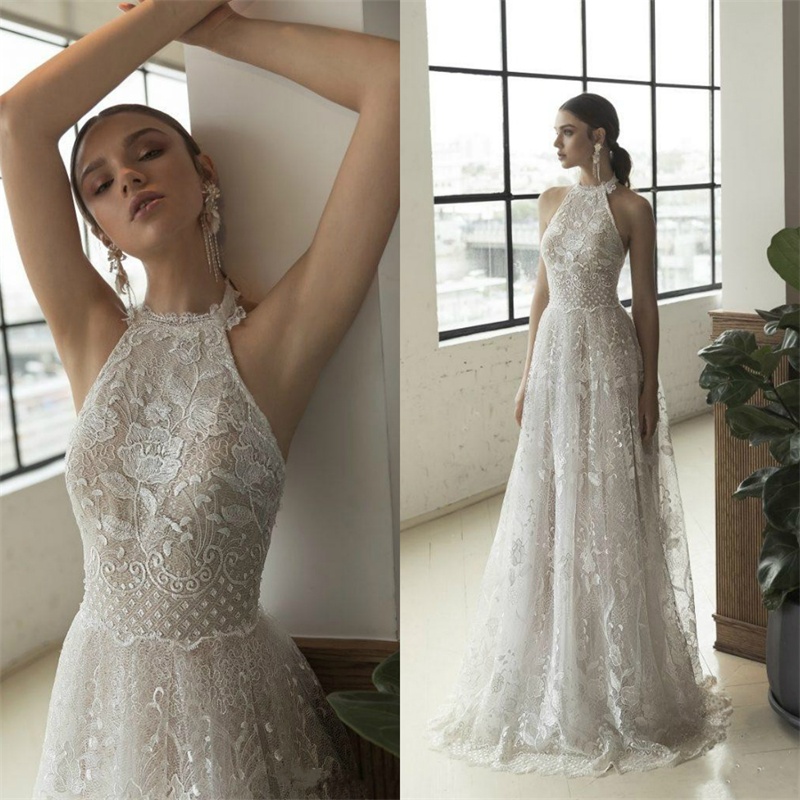 2019 Julie Vino Beach Wedding Dresses Halter Neck Lace Appliques Boho Bridal Gowns Plus Size A Line Wedding Dress