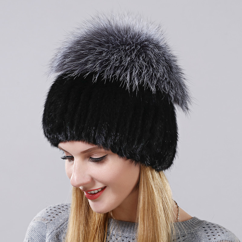 Hot Style Female Mink Fur Cap For Women Winter Warm Hat Vertical Knitted Mink With Fluffy Silver Fox Part Less On The Top Hat D18110102
