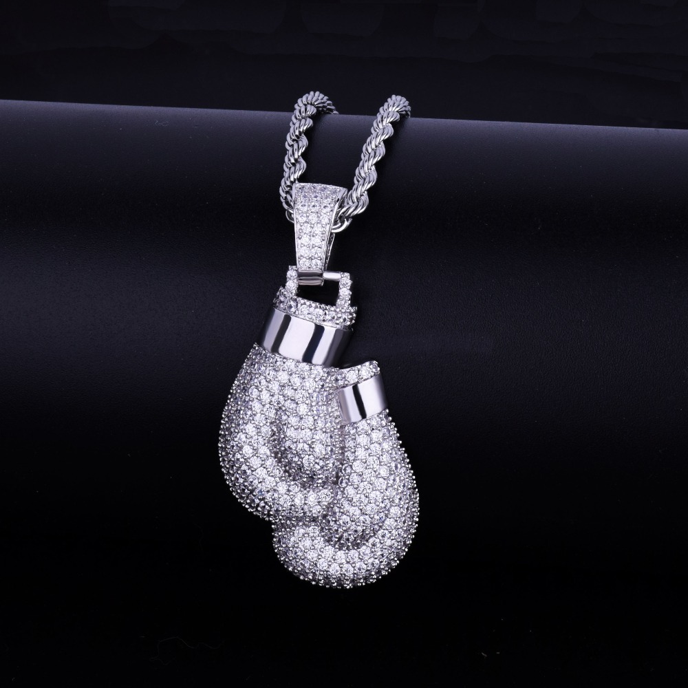 Men Bling Boxing Gloves Pendant Necklace With Rope Chain Silver Gold Color Iced Out Cubic Zircon Hip hop Jewelry