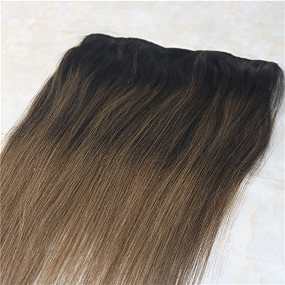 One Piece Clip in Human Hair Extensions 70g Ombre Balayage Dark Brown to Medium Brown Remy Hair Weft Clip ins Color #2/6