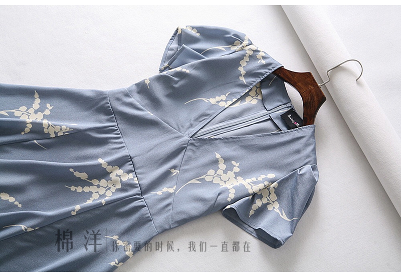 New european design women's fashion flower dots print short sleeve v-neck high waist slim waist a-line short dress French style vestidos