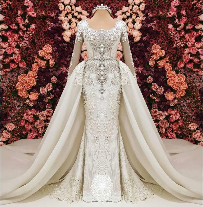 Luxury Zuhair Murad Mermaid Wedding Dresses With Detachable Train Long Sleeves Appliqued Beads Wedding Dress Vestido De Novia Bridal Gowns