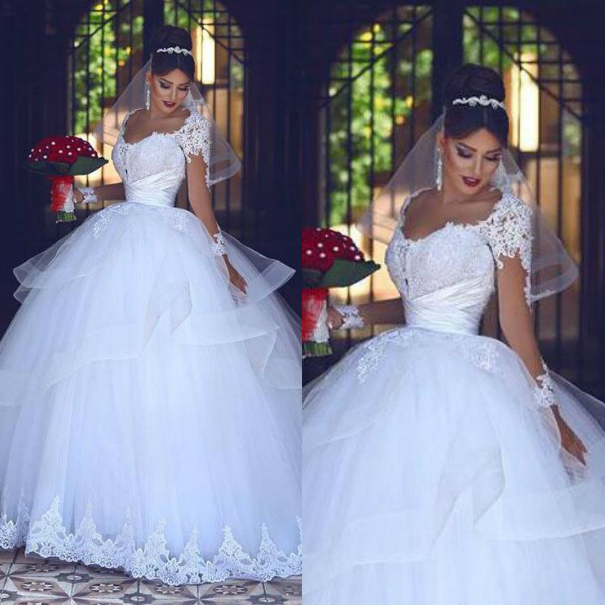 Vintage Long Sleeves Wedding Dress Princess Lace Applique Tulle Ball Gown Slim Fit Floor Length Wedding Dresses Plus Size