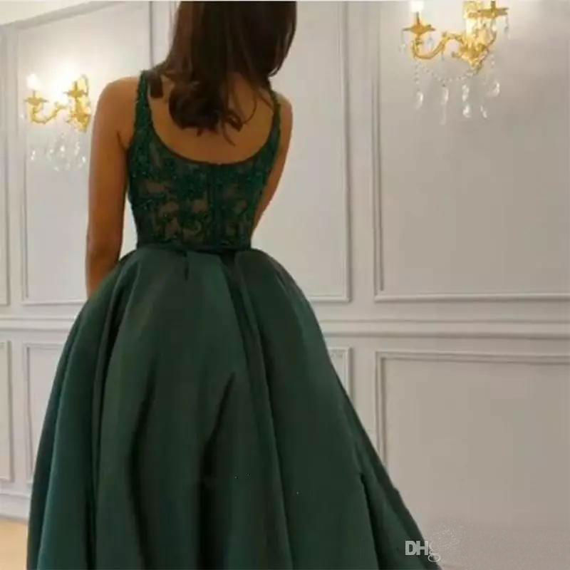 2019 Hunter Green Prom Dresses With Detachable Train Lace Applique Beaded High Side Split Formal Evening Gowns Formal Party Dresses