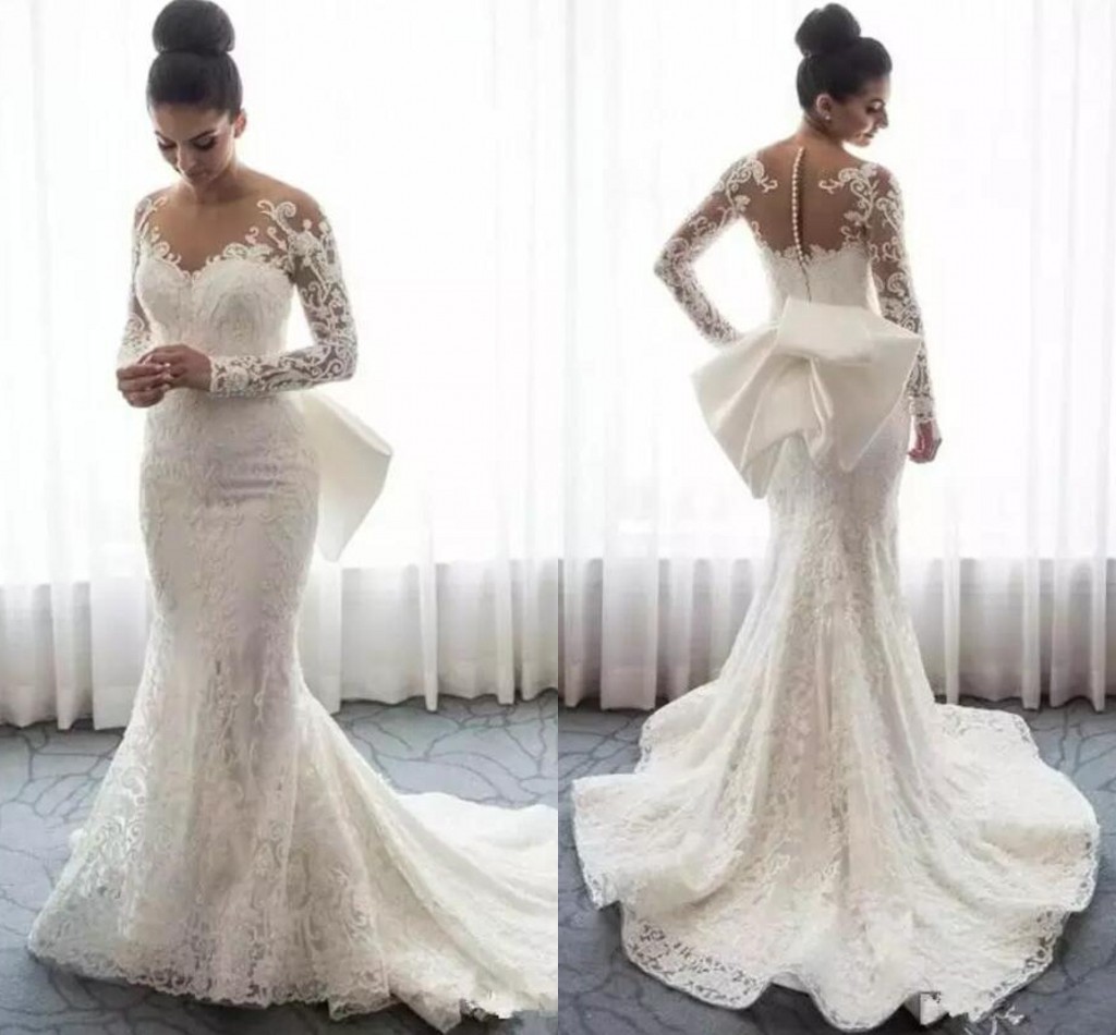 Lace Mermaid Wedding Dresses Sheer Neck Long Sleeves Appliques Saudi Arabic Wedding Gowns With Attachable Train Bridal Dresses, Ivory 
Lace Mermaid Wedding Dresses Sheer Neck Long Sleeves Appliques Saudi Arabic Wedding Gowns With Attachable Train Bridal Dresses, Ivory