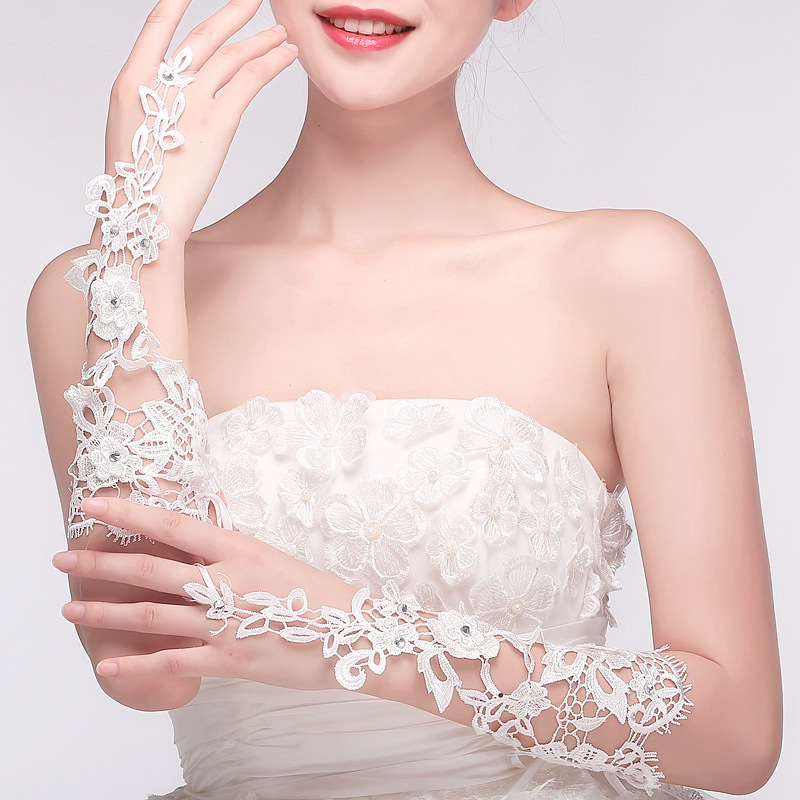 Elegant White Lace Wedding Gloves Fingless with Beads One Size 1Piece Free Shipping In Stock