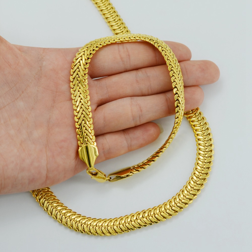 Thick Heavy Necklace Bracelet Jewelry Set Solid 18k Yellow Gold Filled Classic Herringbone Mens Accessories Hip Hop Style Jewelry