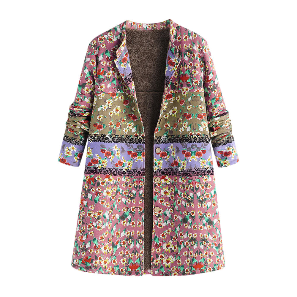 ISHOWTIENDA New Winter Warm Outwear Button Ral Print Pocket Vintage Oversize Manteau Femme Hiver Coat Women B3