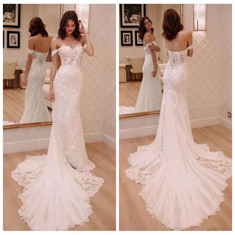 2018 Soft Beautiful Lace Mermaid Wedding Dresses Modern Off Shoulder Sleeveless Lace Appliques Sweep Train Custom Slim Garden Bridal Gowns, Custom made from color chart
2018 Soft Beautiful Lace Mermaid Wedding Dresses Modern Off Shoulder Sleeveless Lace Appliques Sweep Train Custom Slim Garden Bridal Gowns, Custom made from color chart