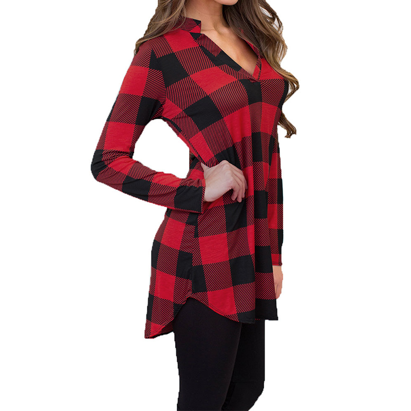 2018 Women Summer Long Blouse V Neck Ladies Tops Plaid Bottons Long Sleeve Shirt Femme Plus Size Blusa Feminina Chemise Blusas