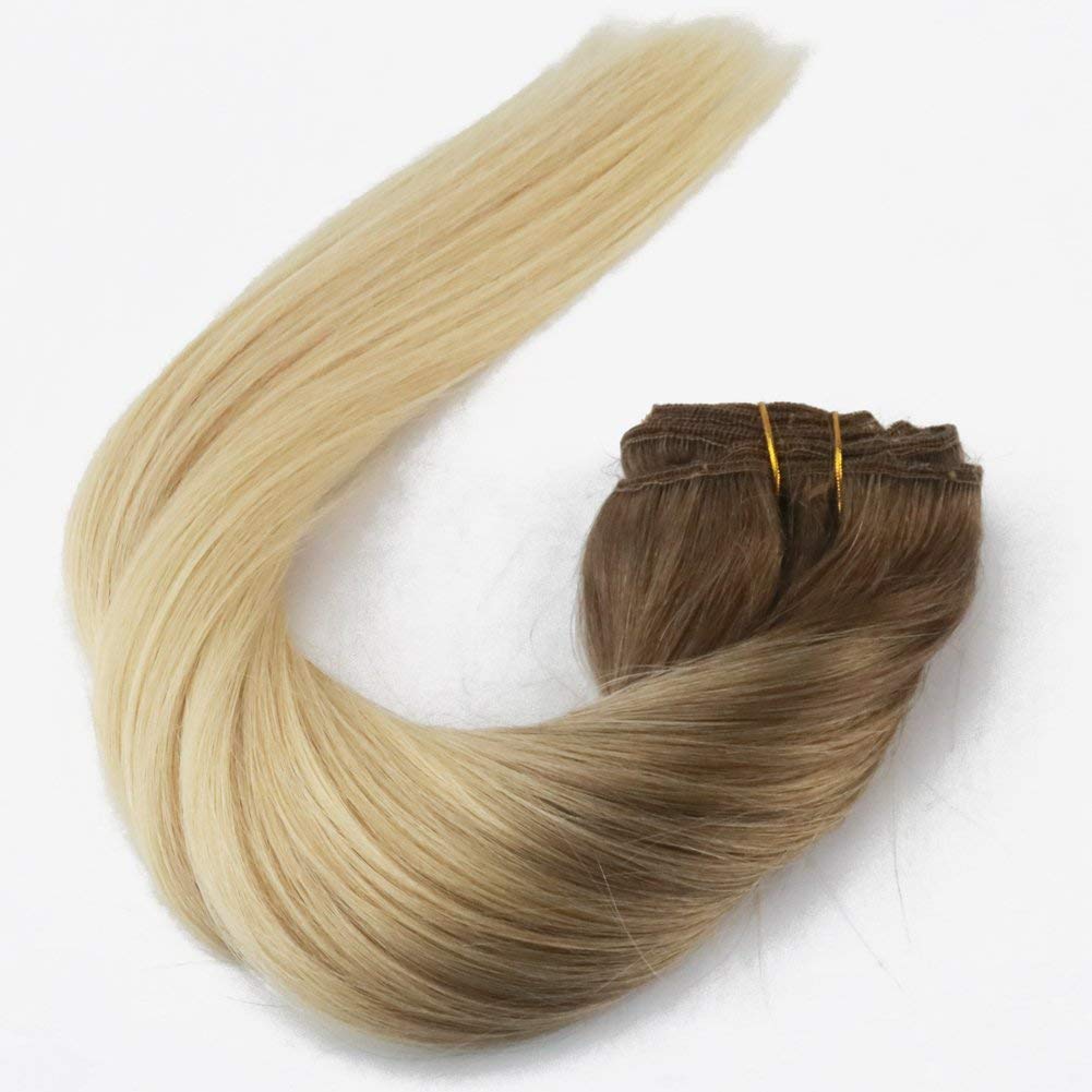 Balayage Ombre Hair Extensions Remy Human Hair of Clip in Hair Extensions Color Brown to Blonde #8 to #613 Silky Straight 120g