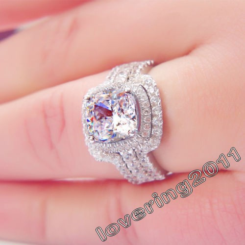 Victoria Wieck Cushion cut 8mm Diamond 10KT White Gold Filled Lovers 3in1 Engagement Wedding Ring Set Sz 511