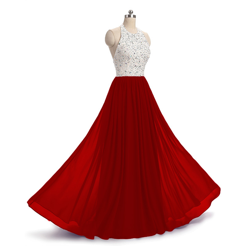 2018 New Cheap Red Chiffon Evening Dresses Beaded Crystals Sleeveless Formal Prom Party Celebrity Gowns QC1135