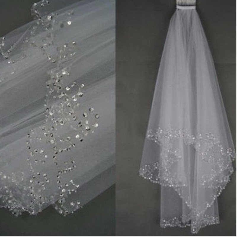 In Stock Cheap Tulle White Ivory Bridal Veils With Comb Elbow Length Two Layer Beads Pearls Edge Wedding Accessories 150 cm Long