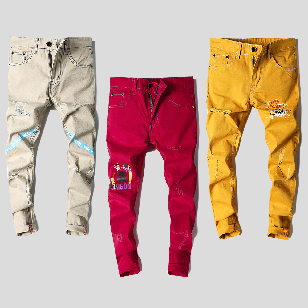 Colorful Red Yellow Khaki Jeans Male Slim Straight Hole New Printed Casual Pants Korean Style Long Trousers Personality for Men
Colorful Red Yellow Khaki Jeans Male Slim Straight Hole New Printed Casual Pants Korean Style Long Trousers Personality for Men