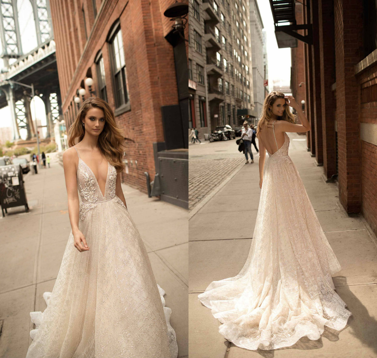 Luxury Berta Beach Wedding Dresses Lace Appliques A Line Backless Illusion Lace Bling Boho Bridal Dress Sweep Train Sexy Wedding Gowns