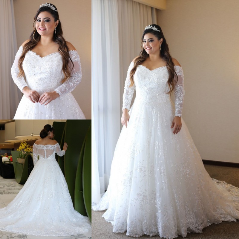 Lace Sparkly Long Sleeves Wedding Dresses Off The Shoulder Sequined Bridal Gowns Beaded A E Sweep Train Tulle Vestido De Novia