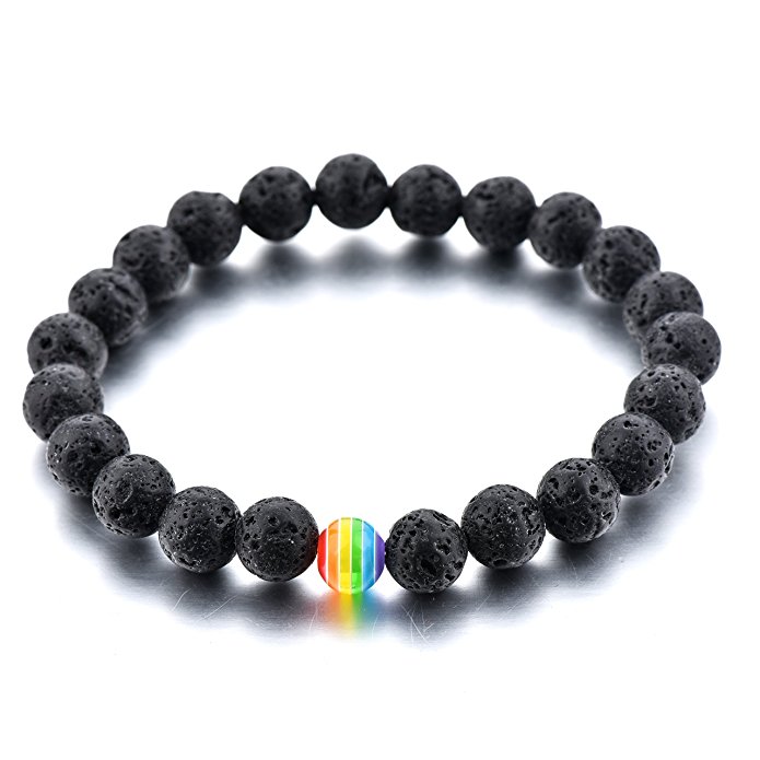 LGBT Relationship Bracelet 2 Pieces White Howlite, Black Lava Rock, Rainbow Resin Oil Diffuser Beads Gay Couples Strong Cord Handmade