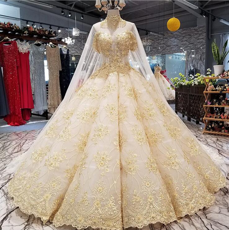 Vintage Gold Dresses With Detachable Wrap Cape High Neck Beaded Appliques Arabic Bridal Gowns Custom Made Plus Size Wedding Dress
