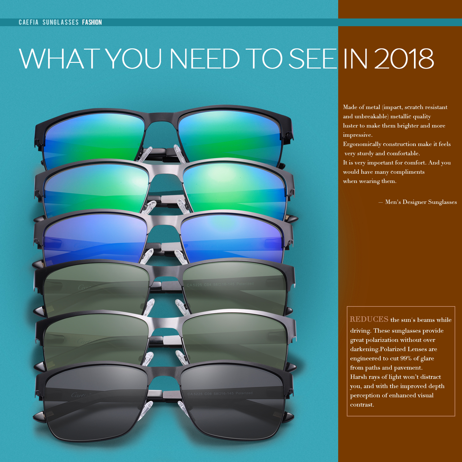 Carfia 5225 polarized sunglasses metal frame resin UV400 glasses sun glasses for men drive with free case 58mm