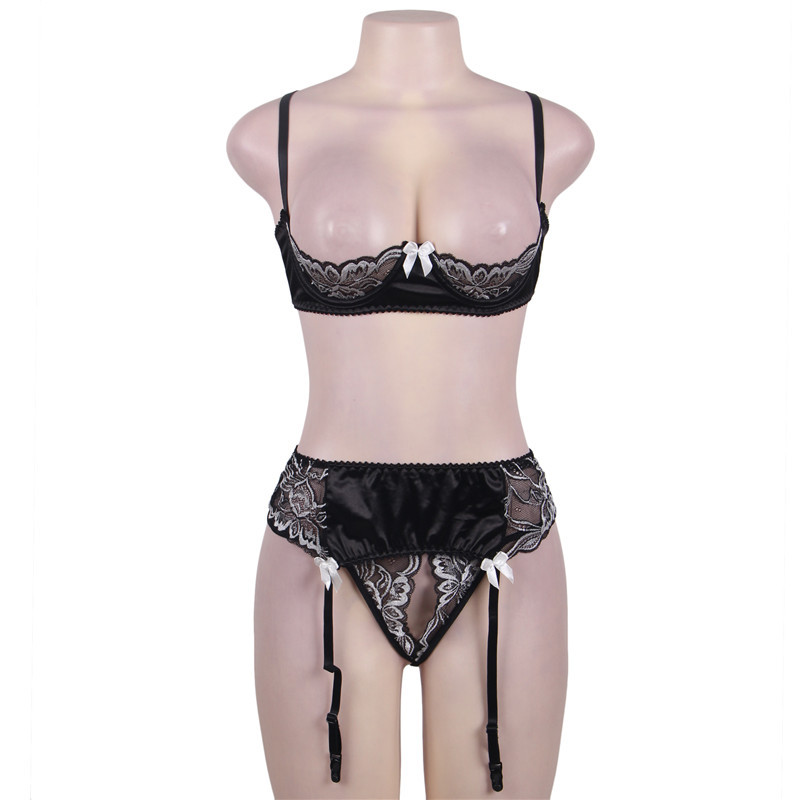 Black Lace Halter Sexy Lingerie Set Women Plus Size Open Bra Floral Transparent Lingerie Sexy Hot Erotic Sexy Bra With Garter S927