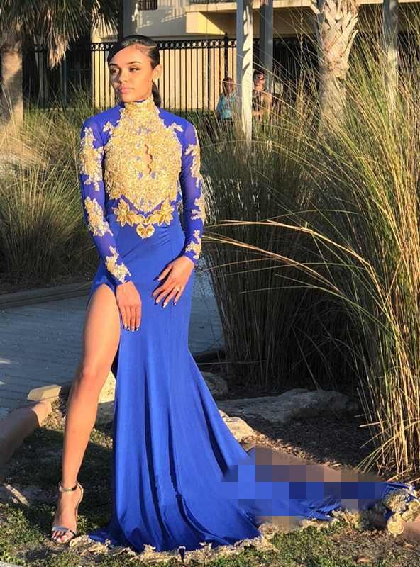 Sexy Open Back Royal Blue Mermaid Prom Dresses Gold Lace Appliqued Beaded High Collar Long Sleeve Side Slit Black Girls Evening Party Gowns