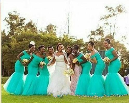 Arrival Turquoise New African Nigerian Mermaid Bridesmaid Dresses For Wedding Guest Party Lace Tiered Tulle Off Shoulder Formal Gowns Mal 0420