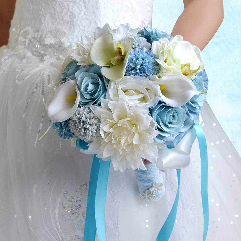 2018 Newest Beautiful Sky Blue Wedding Bridal Bouquets with Handmade Flowers Silk Hand Holding Flowers Wedding Bridal Bouquet CPA1544