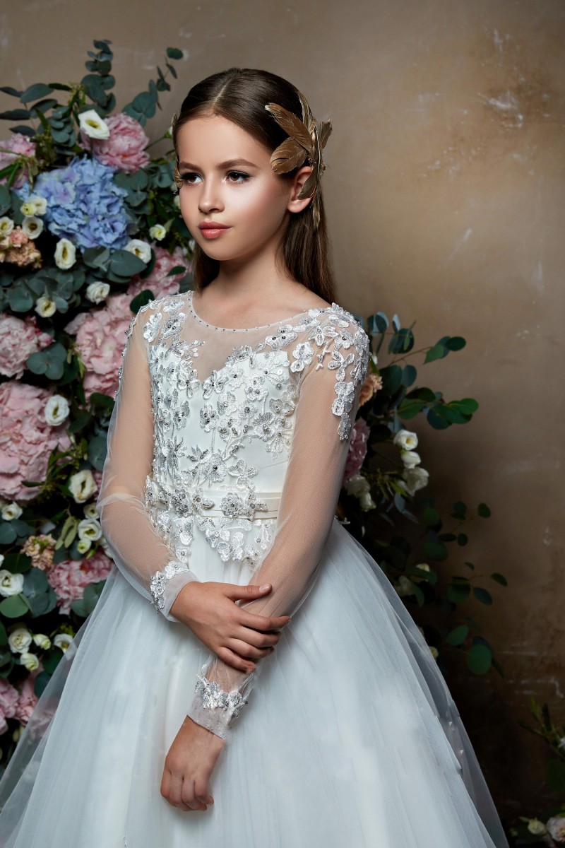 Pentelei 2019 Long Sleeves Flower Girl Dresses For Weddings Lace Appliqued Beads Little Kids Baby Gowns Cheap Princess Communion Dress