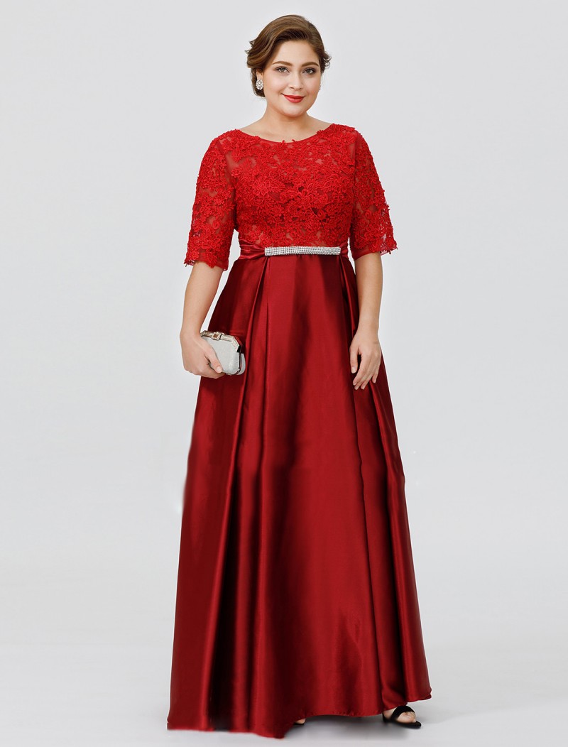 Gorgeous Floor Length Mother Of Bride Dresses Illusion Lace Applique Half Sleeve Satin Women Dress Plus Size Sexy Prom Gowns