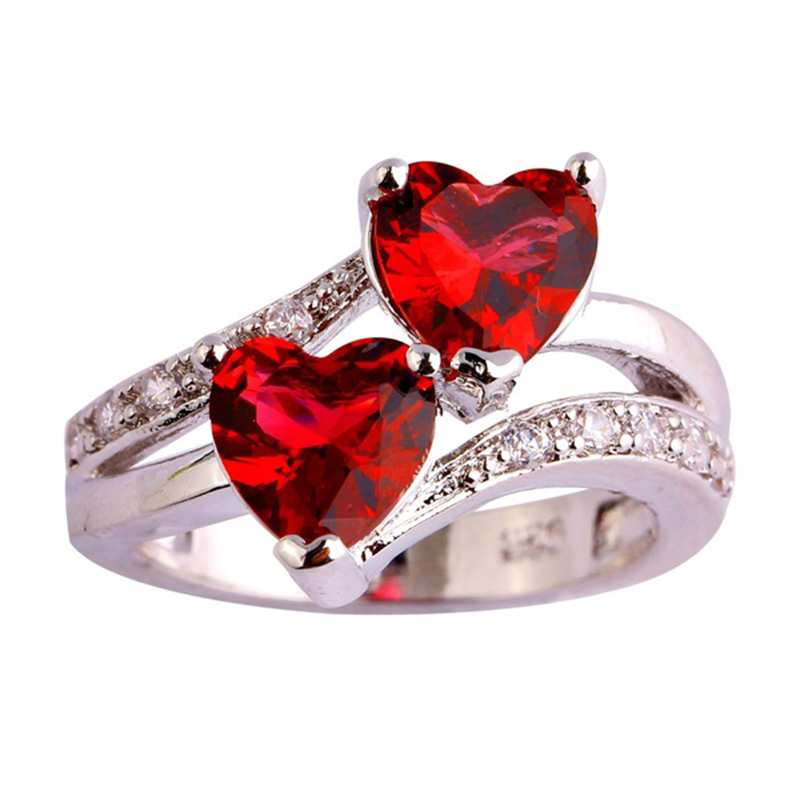 Women's Double Heart Rings Shinning Red Love Heart Rhinestones Wedding Rings for Women Girl Female Gift