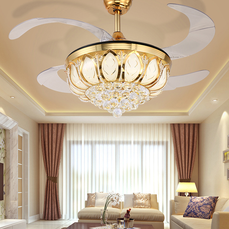 Hot LED Ceiling Invisible Fan Lights Timing Remote Control Warm White Light Pendant Lamp Remote Control Crystal