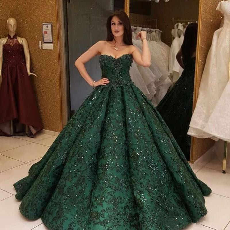 Dark Green Lace Ball Gown Prom Dresses Glitter Arabic Sweetheart Sequins Formal Evening Gowns 2018 Dubai vestidos Pageant Dress