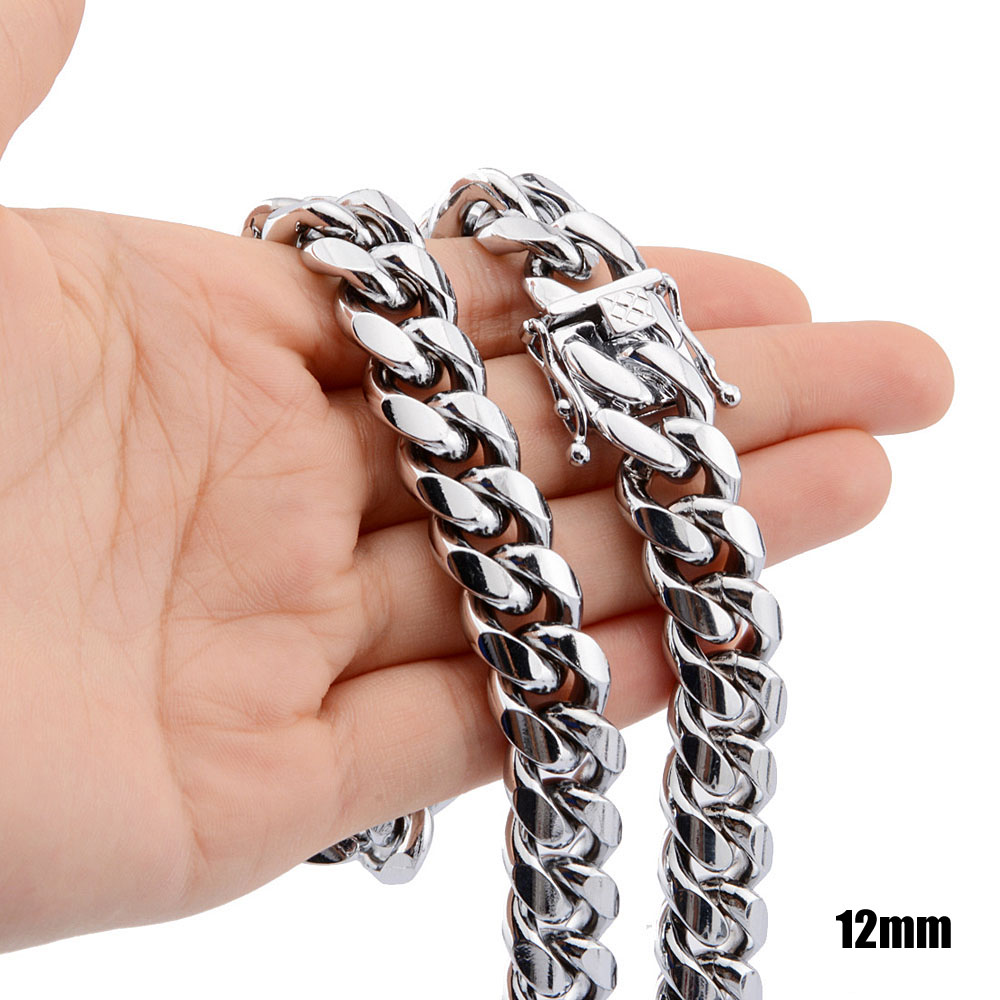 8mm10mm12mm14mm 316L Stainless Steel Jewelry High Polish Miami Cuban Chain Necklace Men Punk Curb ChainDragonBeard Clasp 24qu