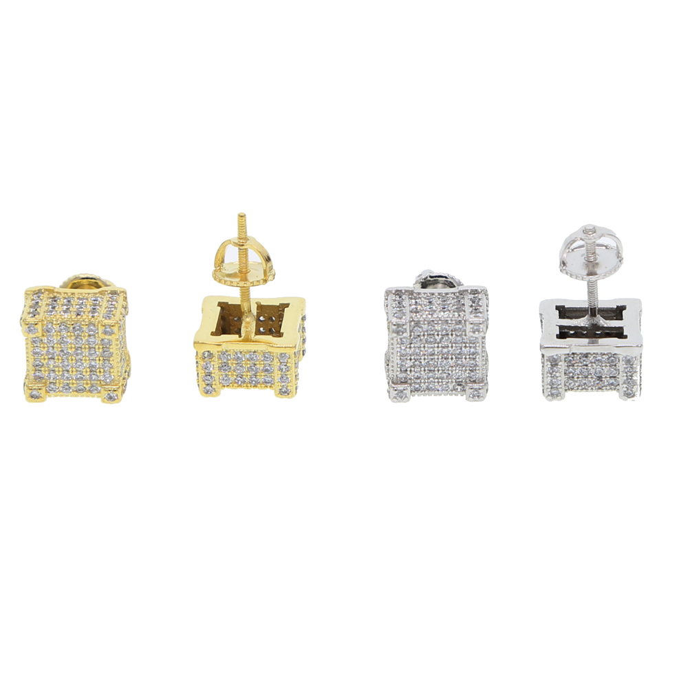 Men's Hip Hop Gold Screw Earrings: Iced Out Square-Shaped CZ Micro-Paved Studs