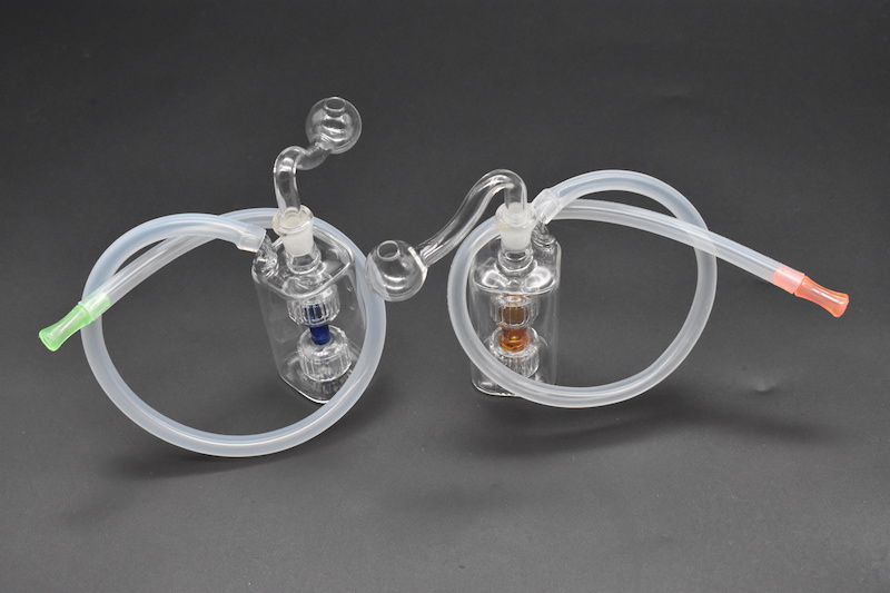 Mini cheap glass downstem bong pipe Unique Design Mini Glass Water Pipes Recycler Oil Rig with Hose and Pot Bowl