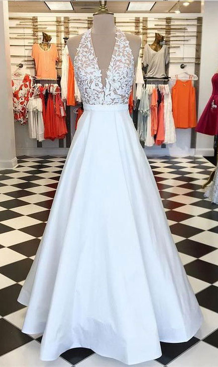 Hot Selling Halter White Backless Satin Long Prom Dresses Evening Dresses with Appliques for Women Under 100, Red
Hot Selling Halter White Backless Satin Long Prom Dresses Evening Dresses with Appliques for Women Under 100, Red