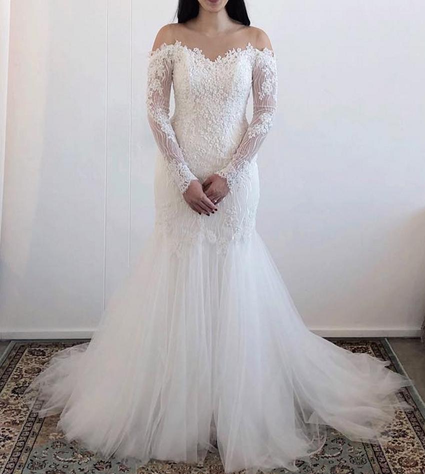 2019 Mermaid Wedding Dresses Off The Shoulder Lace Appliques Beads Backless Long Sleeve Bridal Gowns Country Plus Size Wedding Dress