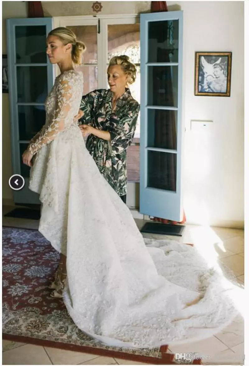 Elegant Full Lace High Low Country Wedding Dresses Jewel Long Poet Sleeve Beach Wedding Dresses Zipper Back Sweep Train Boho Bridals Gown