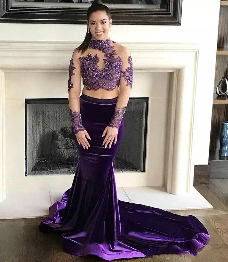 Purple Mermaid Prom Dresses Lace Applique Bead Sequins Velvet High Neck Formal Dress Party Evening Wear Two Piece Long Sleeve Evening Gowns