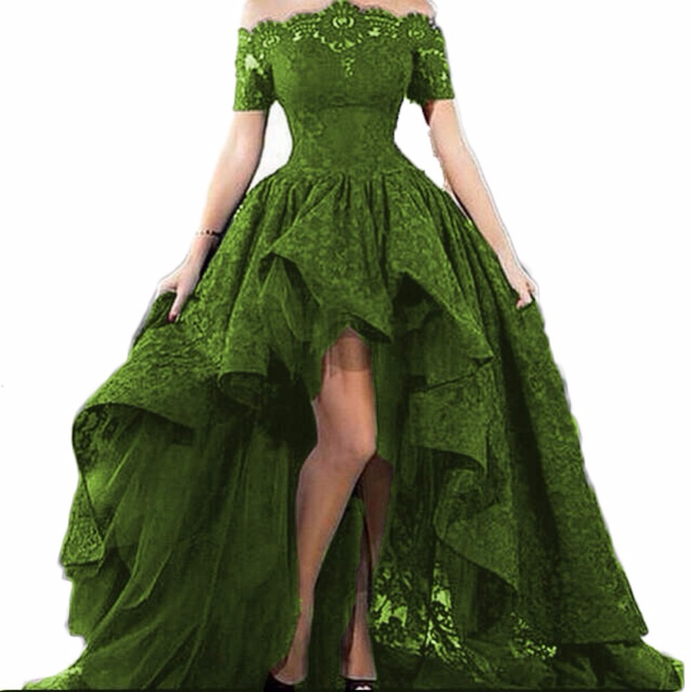 2018 New Elegant Black Lace Strapless Off The Shoulder Short Sleeves High Low Prom Dresses Evening Gowns Vestido Longo QC469