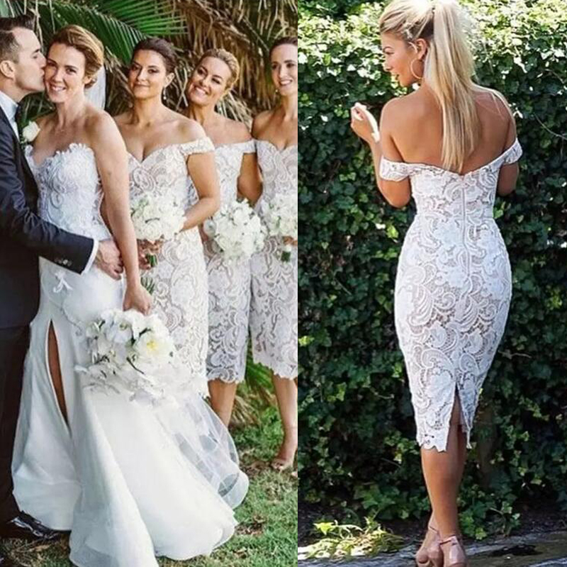 2018 Elegant Lace Short Bridesmaid Dresses Off Shoulder Sheath Knee Length Backless Ivory Nude Wedding Guest Dresses Short Bridal Dresses
2018 Elegant Lace Short Bridesmaid Dresses Off Shoulder Sheath Knee Length Backless Ivory Nude Wedding Guest Dresses Short Bridal Dresses