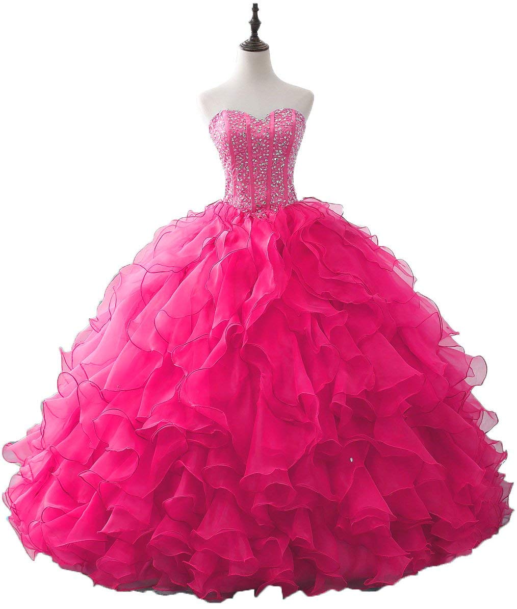 2018 New Sexy Gorgeous Strapless Beaded Organza Quinceanera Dresses Ruffle Crystal Sweet 16 Prom Party Prom Gown
