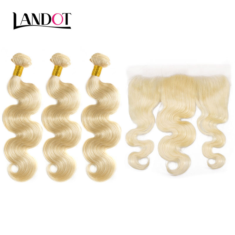 9A Bleach Blonde 613 Color Lace Frontal Closures With 3 Bundles Virgin Brazilian Peruvian Indian Malaysian Body Wave Remy Human Hair Weaves