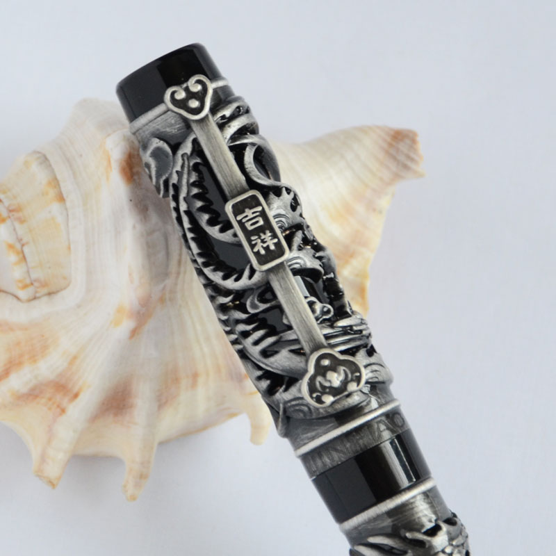 NOBLE JINHAO ANTIQUE SILVER AND BLACK DRAGON AND PHOENIX 18KGP FINE NIB FOUNTAIN PEN BUSINESS OFFICE BEST GIFT